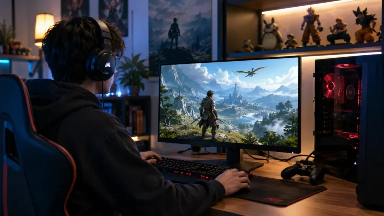 Jeune passionné de culture geek jouant à un jeu vidéo dans une pièce moderne équipée d’un ordinateur gaming et de collectibles.