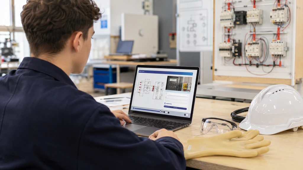 Apprenant suivant une formation théorique en habilitation électrique sur ordinateur dans un atelier pédagogique