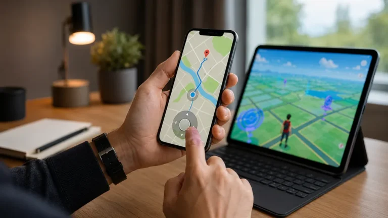 Utilisateur simulant une position GPS avec iSpoofer sur smartphone et interface de carte virtuelle