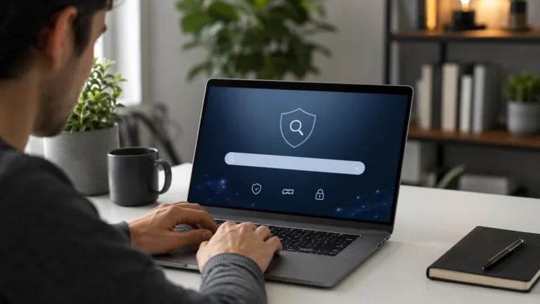 Utilisateur effectuant une recherche privée sur ordinateur avec une interface axée sur la confidentialité en ligne