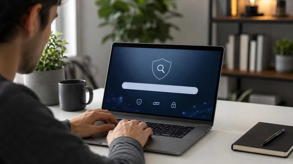 Utilisateur effectuant une recherche privée sur ordinateur avec une interface axée sur la confidentialité en ligne