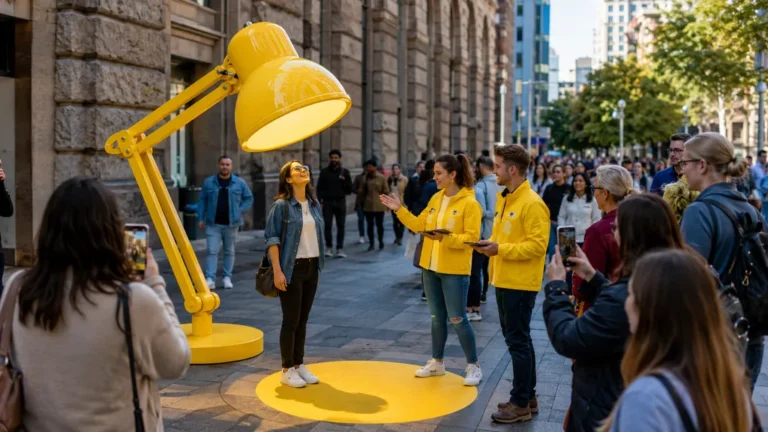 Opération de marketing alternatif dans une rue animée avec une installation géante attirant l’attention des passants et suscitant des photos.