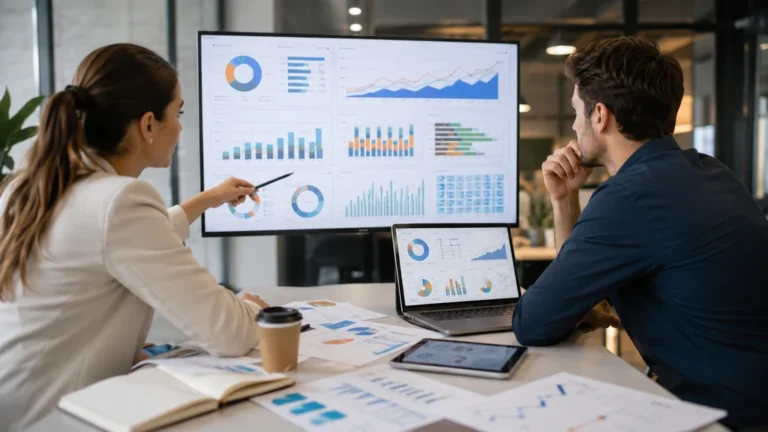 Équipe marketing analysant des données et graphiques de performance dans le cadre du Marketing Mix Modeling
