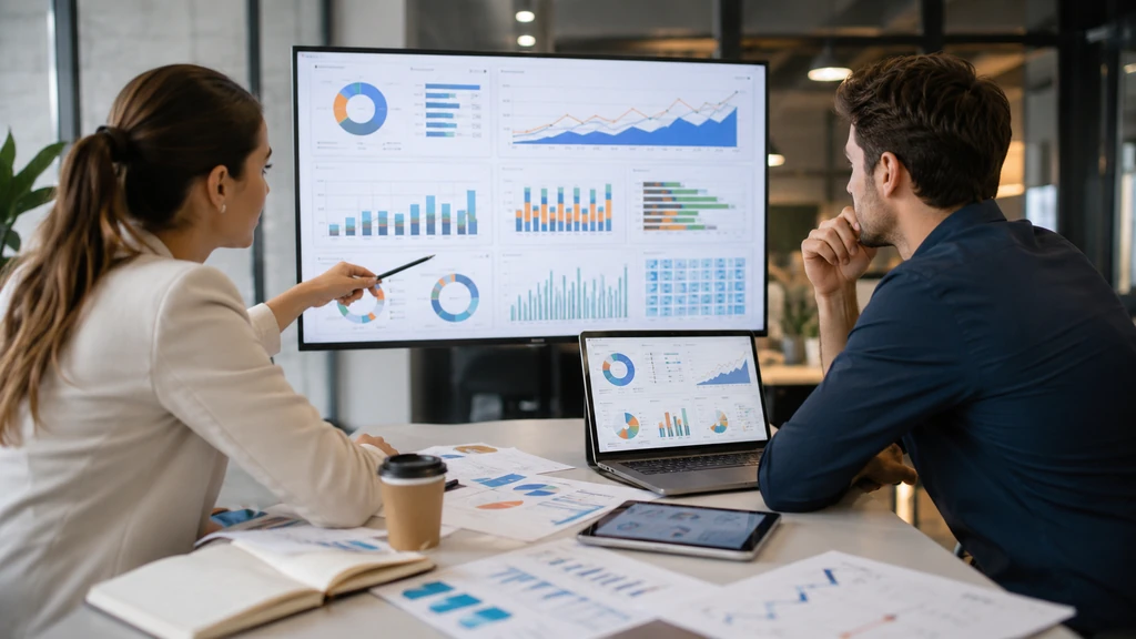 Équipe marketing analysant des données et graphiques de performance dans le cadre du Marketing Mix Modeling