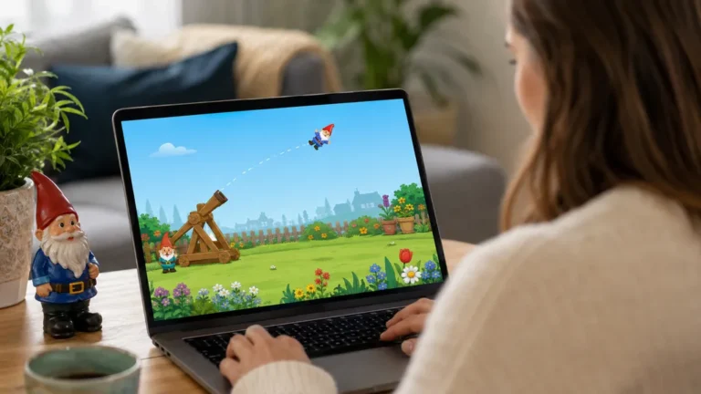 Jeu nain de jardin Google avec un nain propulsé par un trébuchet dans un décor fleuri