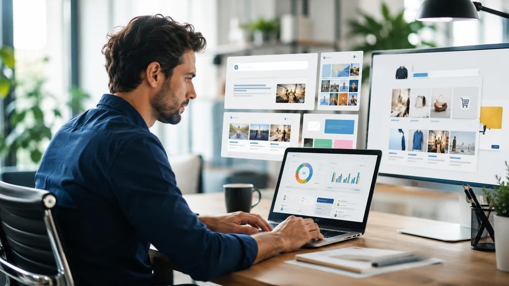 Professionnel du marketing digital analysant une stratégie de net marketing sur plusieurs écrans dans un bureau moderne.