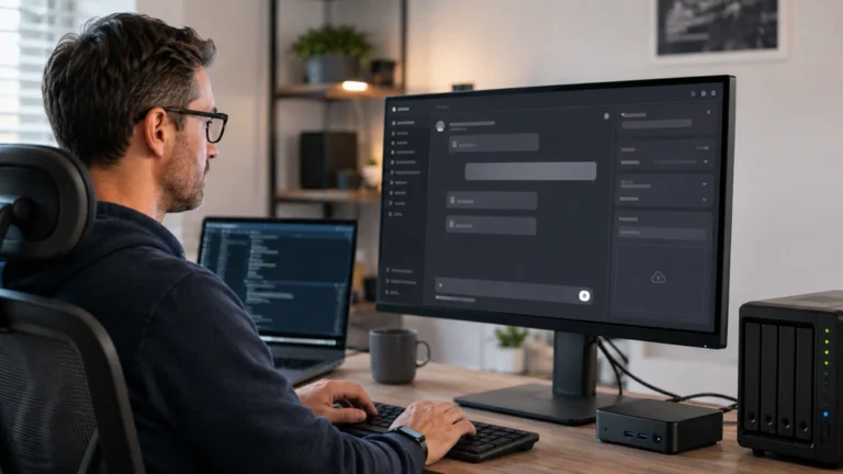 Utilisateur configurant une interface d'intelligence artificielle auto-hébergée sur un poste informatique avec serveur local