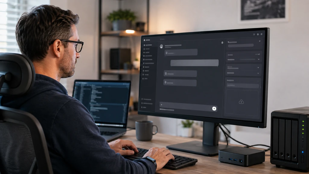 Utilisateur configurant une interface d'intelligence artificielle auto-hébergée sur un poste informatique avec serveur local