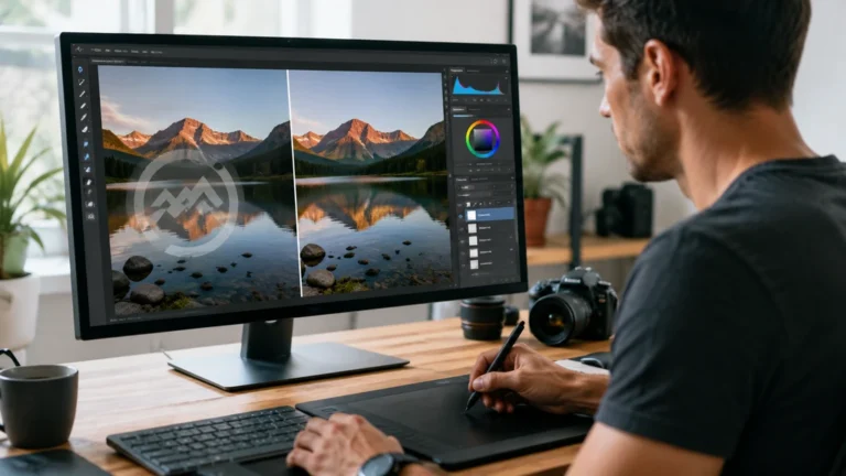 Photographe retouchant une image sur ordinateur pour supprimer un filigrane à l'aide d'outils de correction