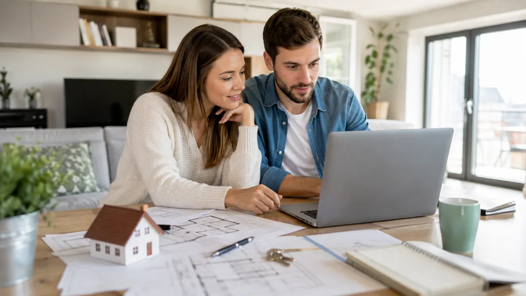 Couple préparant un projet immobilier à domicile avec un ordinateur portable, des plans de maison et une maquette représentant leur futur logement.
