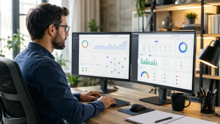 Webmaster analysant les performances SEO, l’indexation et les données techniques d’un site sur deux écrans.