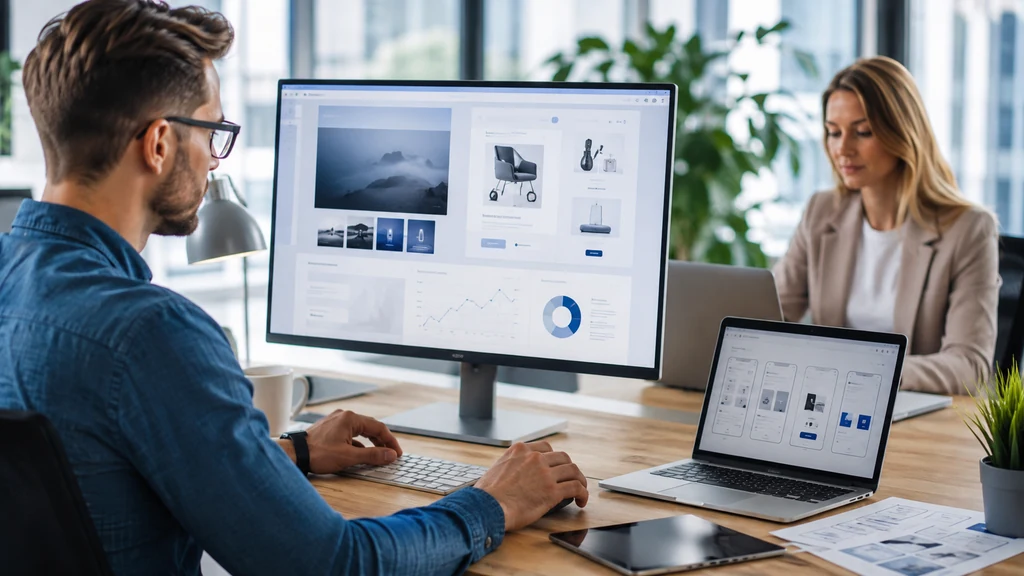 Professionnels travaillant sur la création d’un site web, une interface e-commerce et des données de performance digitale.
