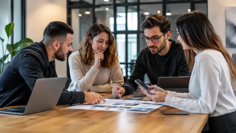 Équipe d'une agence SMMA préparant une stratégie de marketing sur les réseaux sociaux
