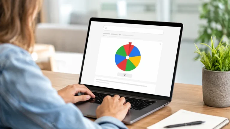Personne utilisant la Toupie Google affichée sous forme de roue colorée interactive sur un ordinateur portable.