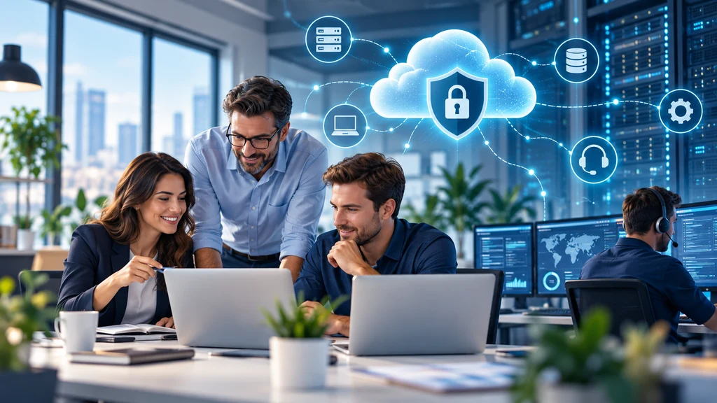 Équipe de PME collaborant autour de solutions d’infogérance informatique, de cybersécurité et de gestion cloud.
