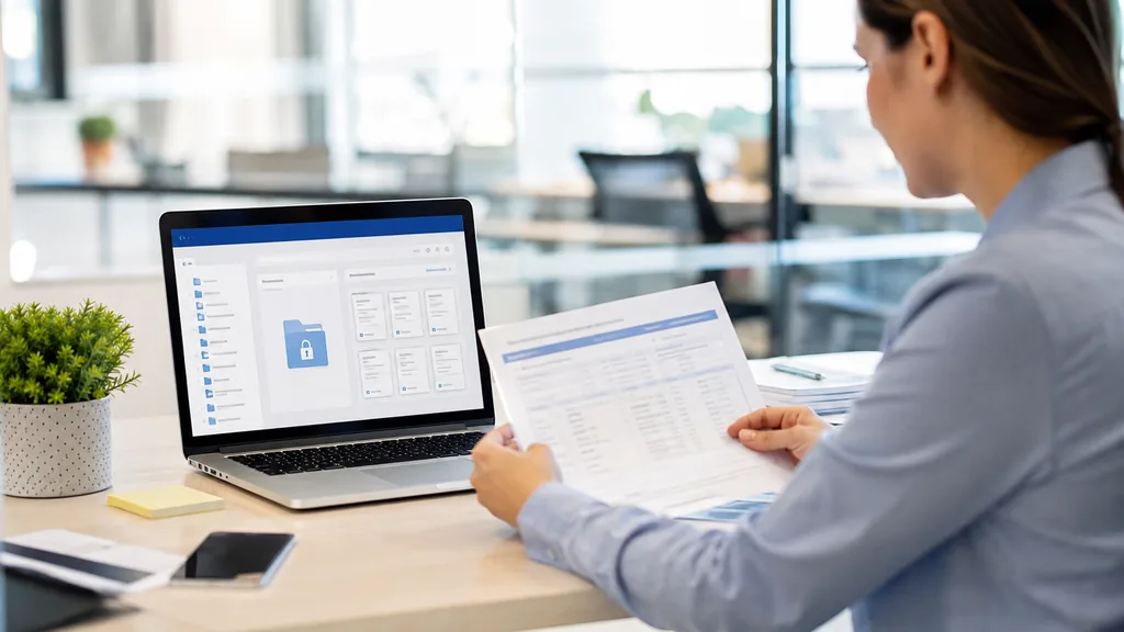 Employee consultant des documents RH dans un coffre fort numerique